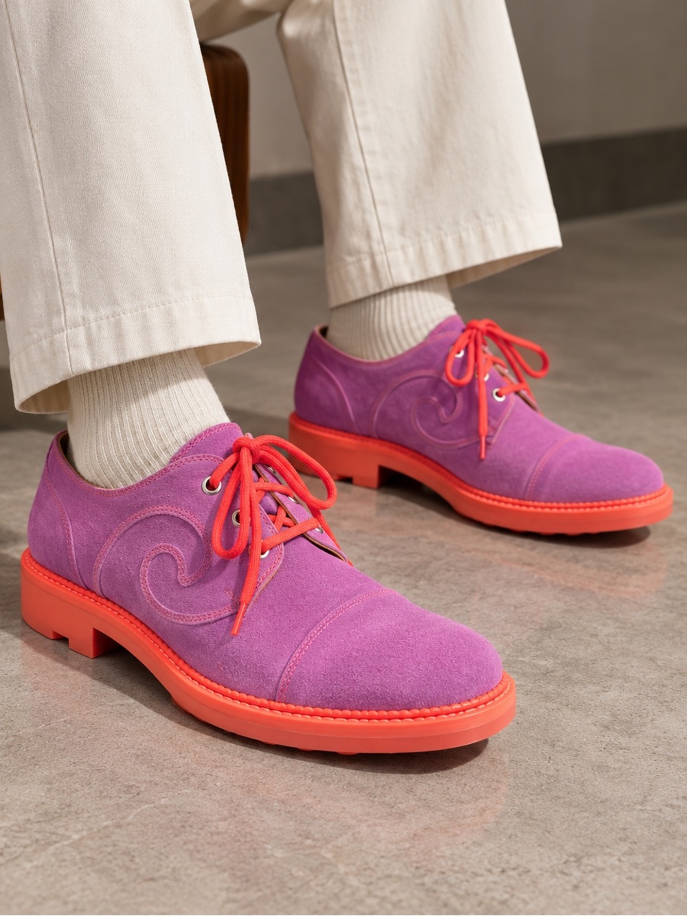 JOHN FLUEVOG Purple Suede Lace-Up Oxfords with Coral Soles